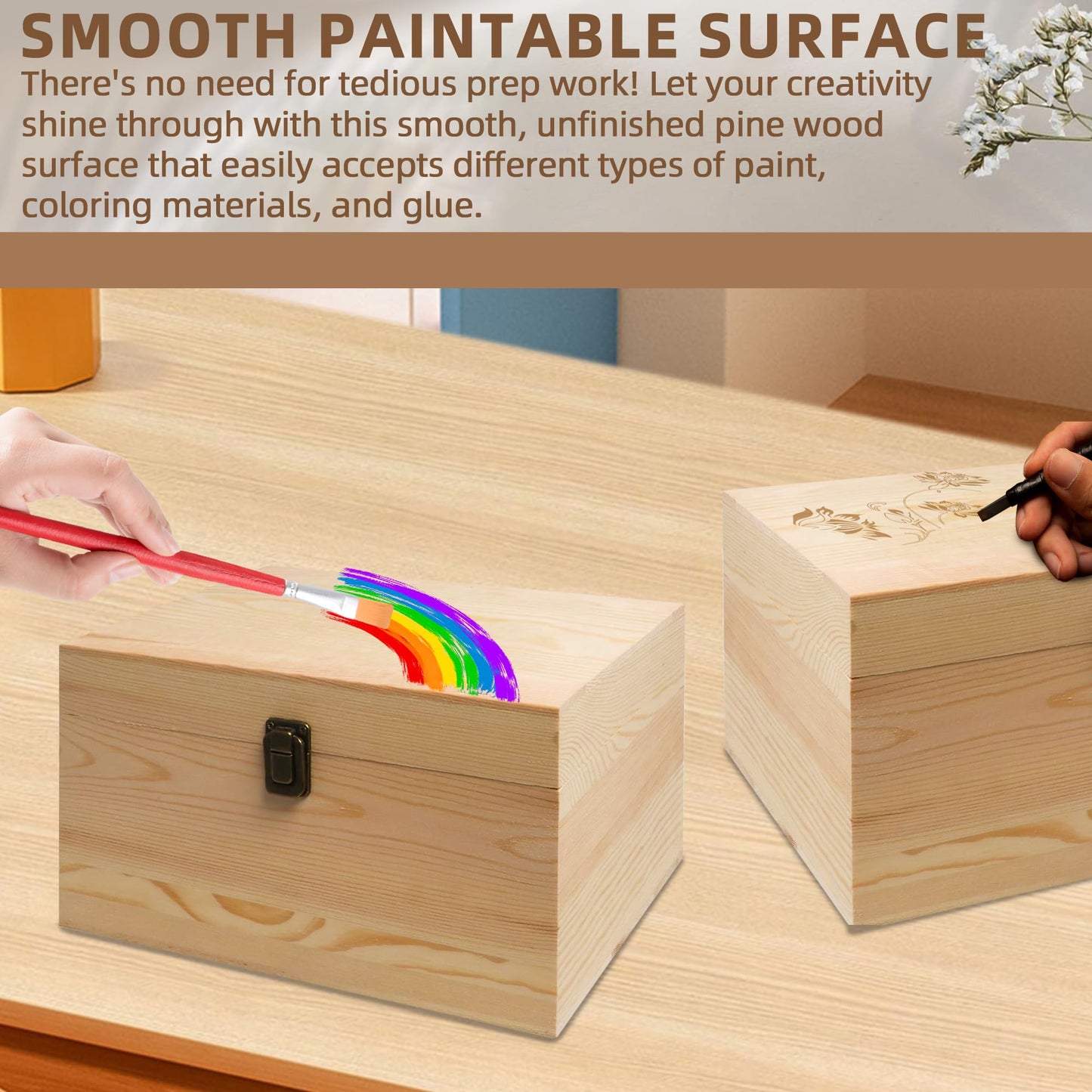 VIKOS Products 10.71x8x5.66-Inch Unfinished Wooden Box with Hinged Lid & Front Clasp for DIY Art Project Crafts Woodcraft Keepsake - Easy to Stain Paint Wood Burning