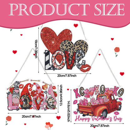 Burbell 3 Pcs Diamond Art Painting Kits - Heart, Love & Gnome Truck Hanging Ornaments & Signs - DIY Painting Art Kits for Adults - Valentine's Day, Window, Door & Wall Decorations
