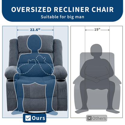 Rocking Recliner Chair for Adults Wide 360° Swivel Rocker Recliner with Cup Holder Nursery Glider with Upholstered Deep Seat Linen Lazy boy Chair for Living Room Blue