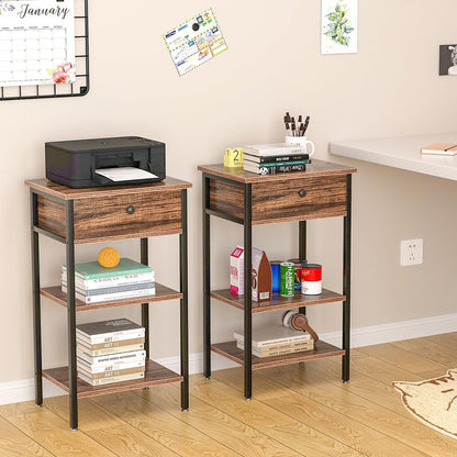VECELO 28 Inch End Table,Industrial Retro Side Table Nightstand Storage Shelf Tall End Table Easy Assembly Nightstand for Living Room Bedroom Kitchen Family and Office Set of 2,Brown