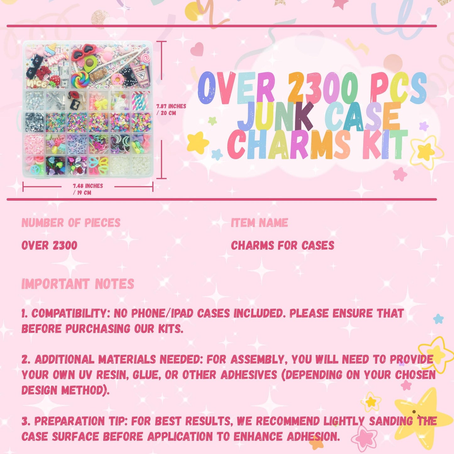RidaaFri 3000 Pcs Junk Case Charms Kit, DIY Phone Case & Nail Decor with Big Charms, Kawaii Bows, Pearls, Rhinestones, Letter Beads for Aesthetic Personalization