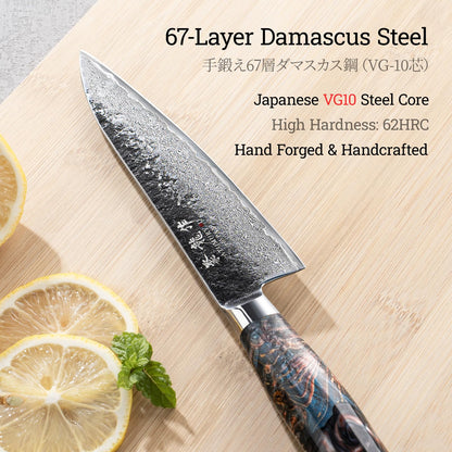 5.5'' Japanese Utility Knife with VG10 Core, Handcrafted 67-Layer Damascus Chef Knife with Ergonomic Handle, Full Tang Multi-Purpose Petty Knives with Luxury Gift Box, Cooking Gifts for Men