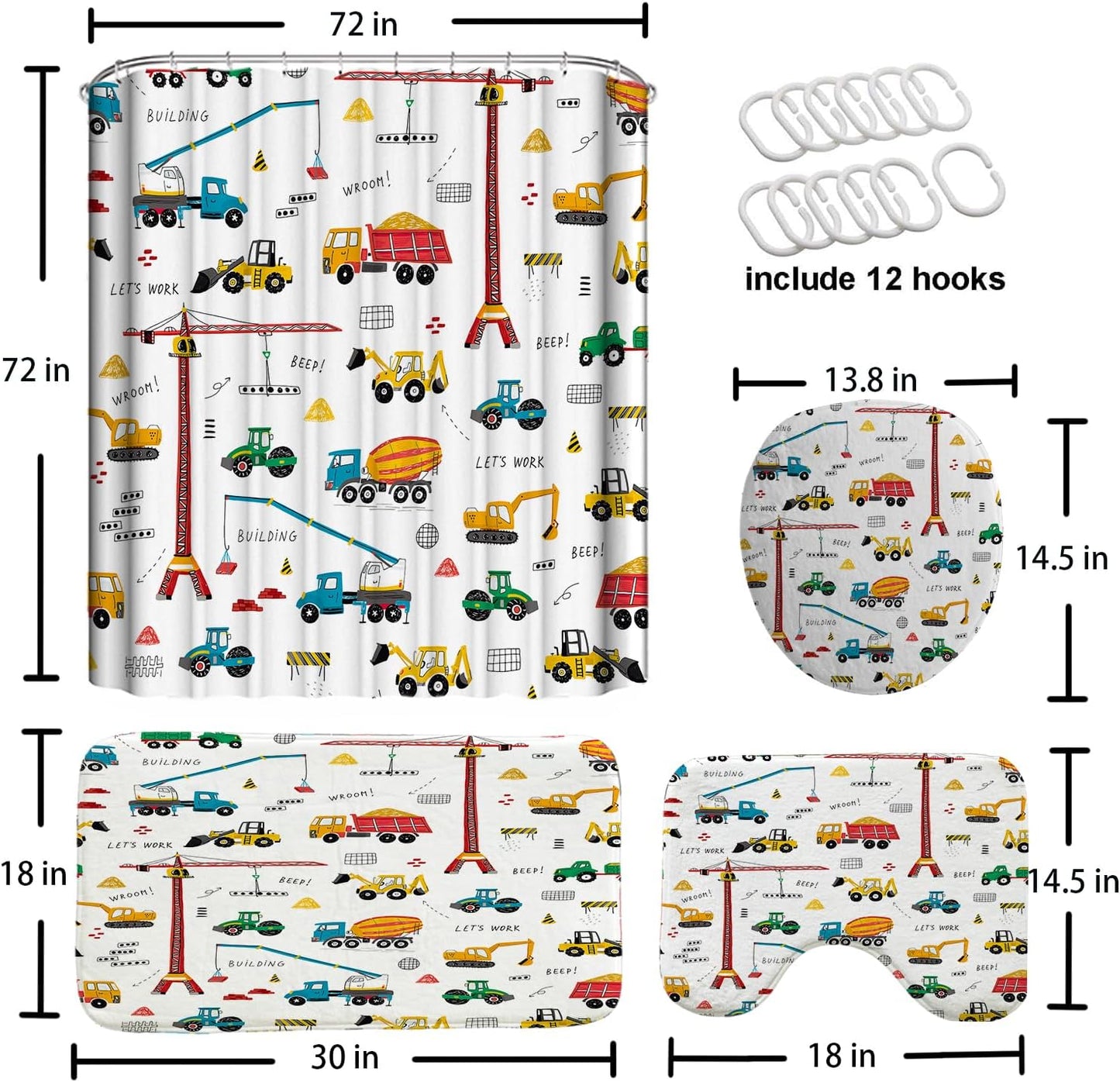 GRIEKOWE 4 Sets, Bulldozer Set, 72x72in Pcs Excavator Kids Shower Curtain Tractor Machinery Trucks, Construction