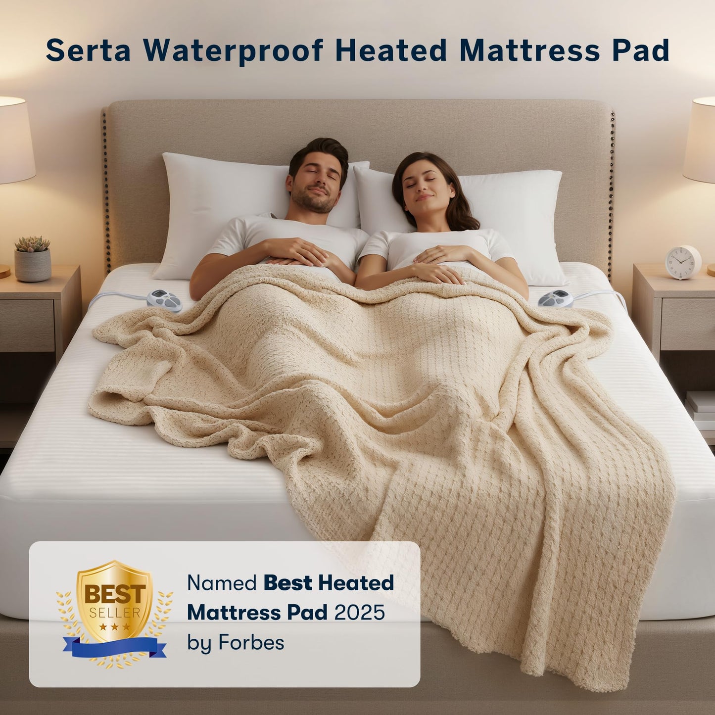 Serta Waterproof Heated Mattress Pad - Electric Bed Warmer with 10 Heat Settings, Auto Shut Off Timer, ETL Certified Electric Mattress Pad, Elastic Deep Pocket, Machine Washable, White Queen