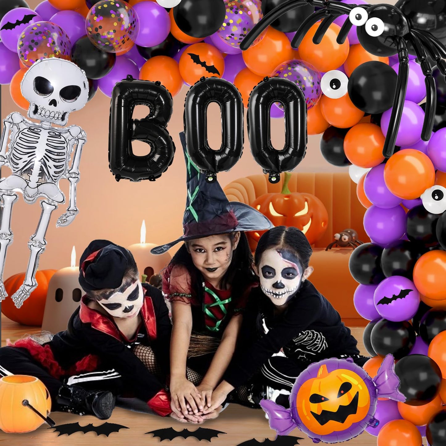 Garma Halloween Balloons Garland Arch Kit, 129pcs Black Orange Purple Balloon Decorations with Confetti Balloon Pumpkin Skeleton BOO Foil Balloons for Halloween Decorations Outdoor Party Supplies