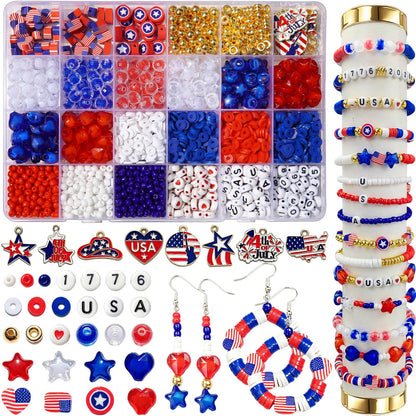 2360+ Pcs 4th of July Beads for Jewelry Making, Red White Blue Patriotic Bead Kit for Bracelets Necklace Craft Supplies Including Clay Charms USA Letter Beads Star Spacer Charms for Independence Day