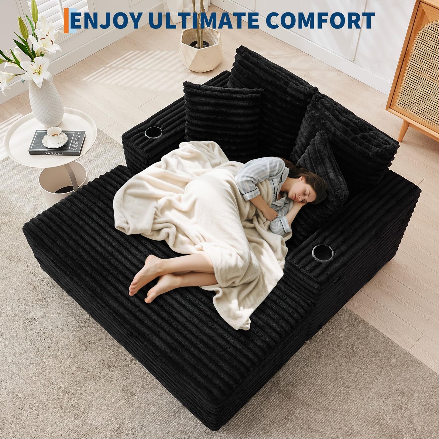 Garvee 60" Oversized Chaise Lounge Chair Indoor, Corduroy Upholstered Sleeper Sofa Bed w/Cup Holder & Charging Port, Cloud Couch Sofa Chair w/Throw Pillows & Wide Arms for Living Room, Bedroom,Black