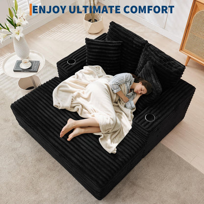 Garvee 60" Oversized Chaise Lounge Chair Indoor, Corduroy Upholstered Sleeper Sofa Bed w/Cup Holder & Charging Port, Cloud Couch Sofa Chair w/Throw Pillows & Wide Arms for Living Room, Bedroom,Black