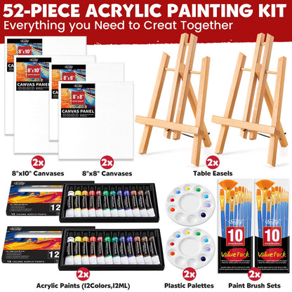 Set of 2 Acrylic Painting Kits for Adults and Couples, Sip and Paint Kit for Date Night, Acrylic Painting Kit with Canvas Boards and Easels, Professional Art Set for Couples, Families, Beginners