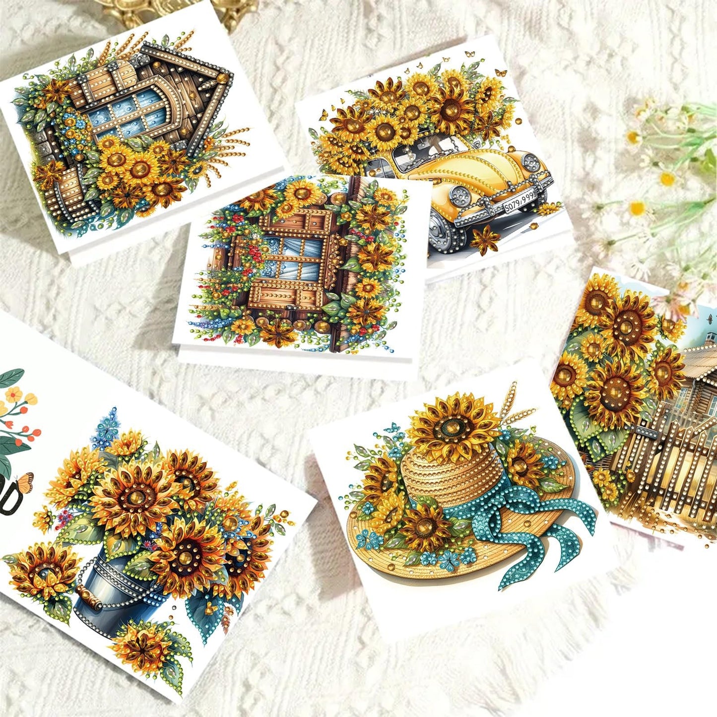 6 Packs DIY Diamond Art Cards with Envelopes, DIY Diamond Art Painting Greeting Cards Happy Birthday Holiday Card Kits Present-03-Sunflower