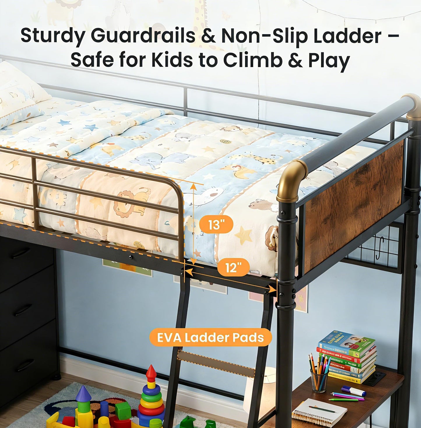 Mixcous Twin Loft Bed with Desk and Storage, 8 Drawers Metal Gaming Loft Bed Frame with USB Charging Station & Pegboard, No Box Spring Needed for Teens Adults, Black