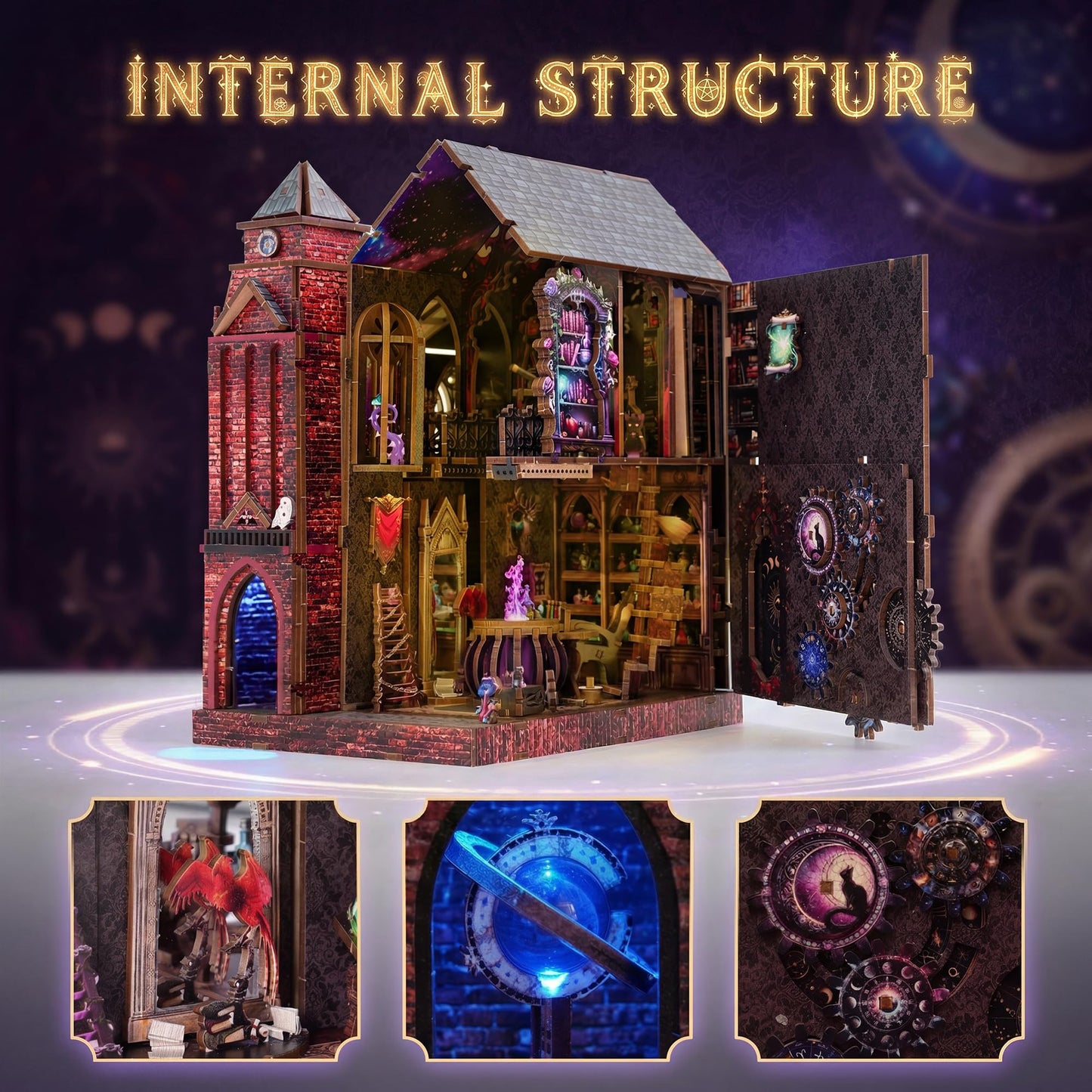 Magic Castle Book Nook Bookshelf Insert Kit – LED Infinity Mirror 3D Wooden Puzzle with Gear Mechanism,368 Pcs DIY Model for Fantasy Book Decor, Gifts for Adults & Teens
