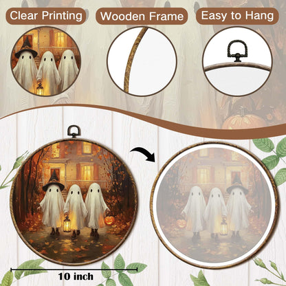 FSTCSV Fall Halloween Ghost Round Wall Art Framed, Fall Leaves Pumpkin Ghosts Canvas Prints Wall Hanging Art, Spooky Cute Witch Hat Ghost Autumn Circle Walls Decor for Home Bedroom, 10x10in