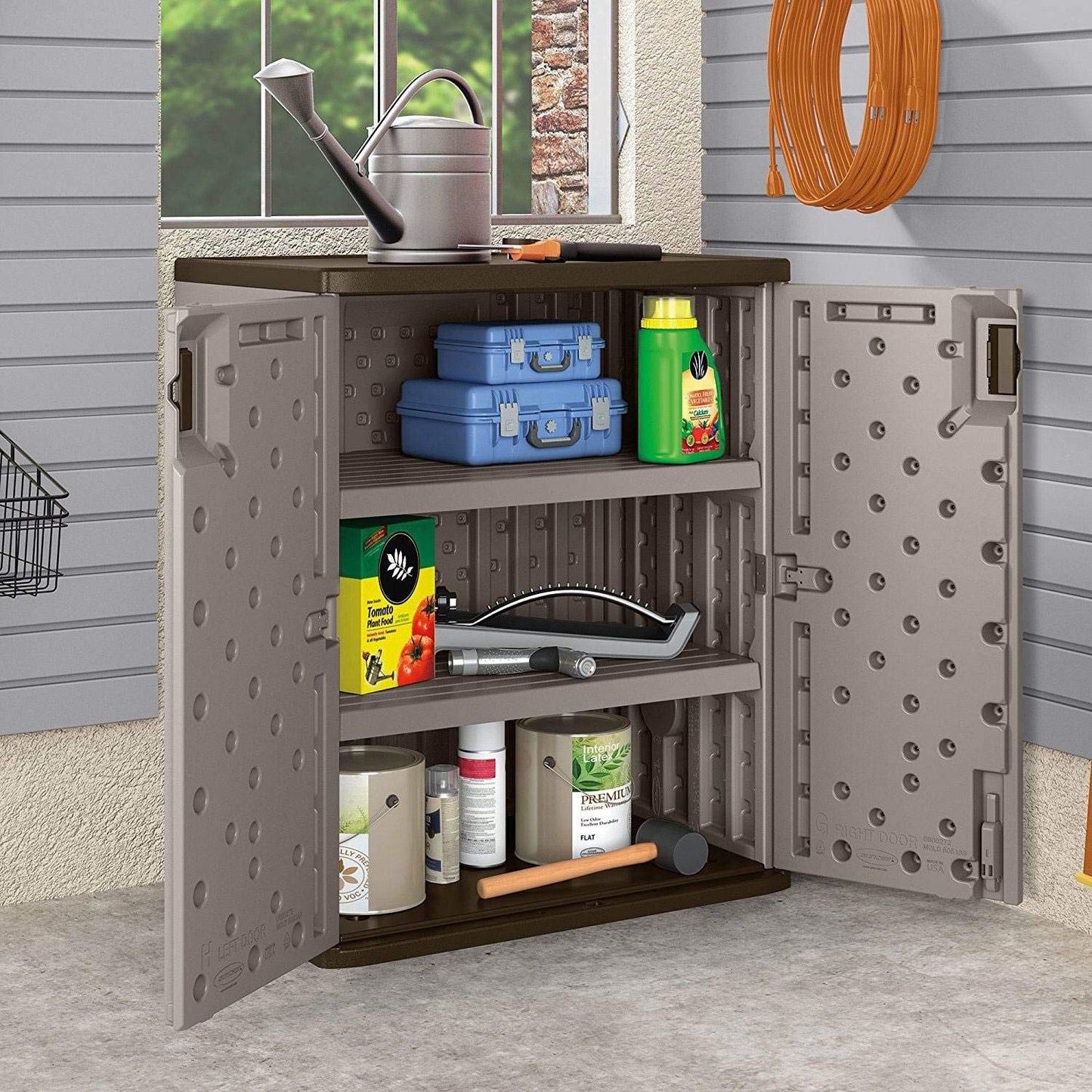 Suncast Base Storage Cabinet for Garage Organization, 9 Cu. Ft. Capacity, Platinum Metallic & Slate - Lockable Multi-Wall 2-Shelf Resin Organizer for Garden Supplies, Paint Cans & Outdoor Tools