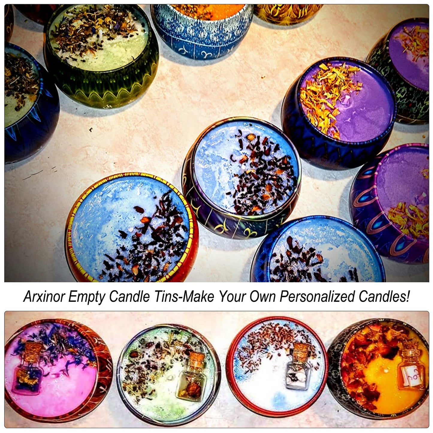 Arxinor Empty 5 oz Candle Tins Candle Jars 28 Pcs 28 Patterns, Candle Making Kits, with Wicks, Wick Holders & Stickers