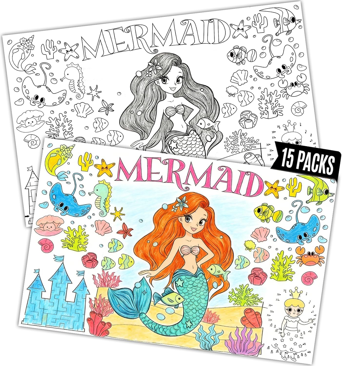 15Packs 17X11Inches Mermaid Crafts for Kids Coloring Placemats with Thankful - Fall Art Activities for Friendsgiving