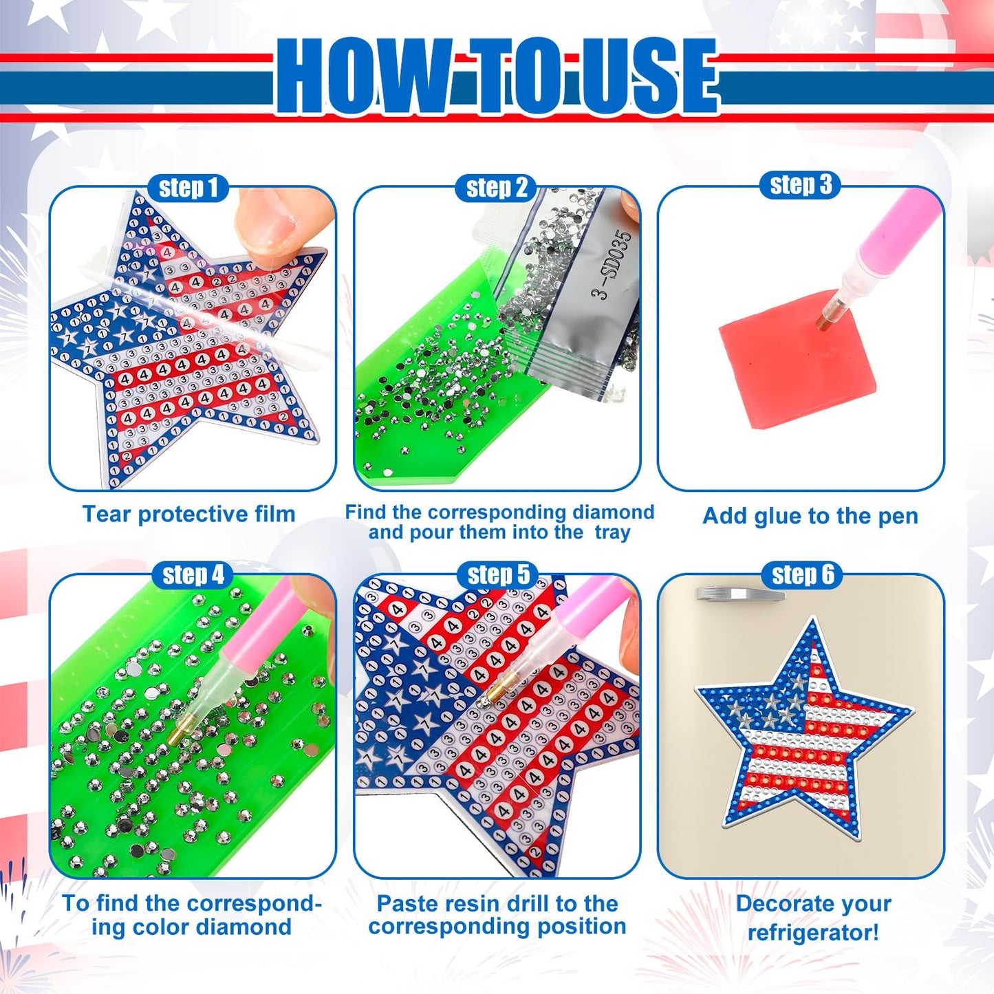 Umigy 16 Pcs 4th of July Patriotic Star Diamond Painting Magnets Refrigerator 250th Anniversary Memorial Day Diamond Art Kits USA Red Blue White Independence Day DIY Art Kits for Adults Beginner Craft