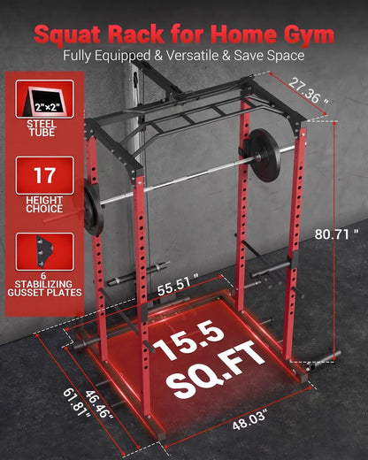 GarveeLife Power Cage, Power Racks for Home Gym with Pulley System, 1200 LBS Weight Capacity Multi-Functional Squat Rack for Strength Workout with More Training Attachment (Red D1002)