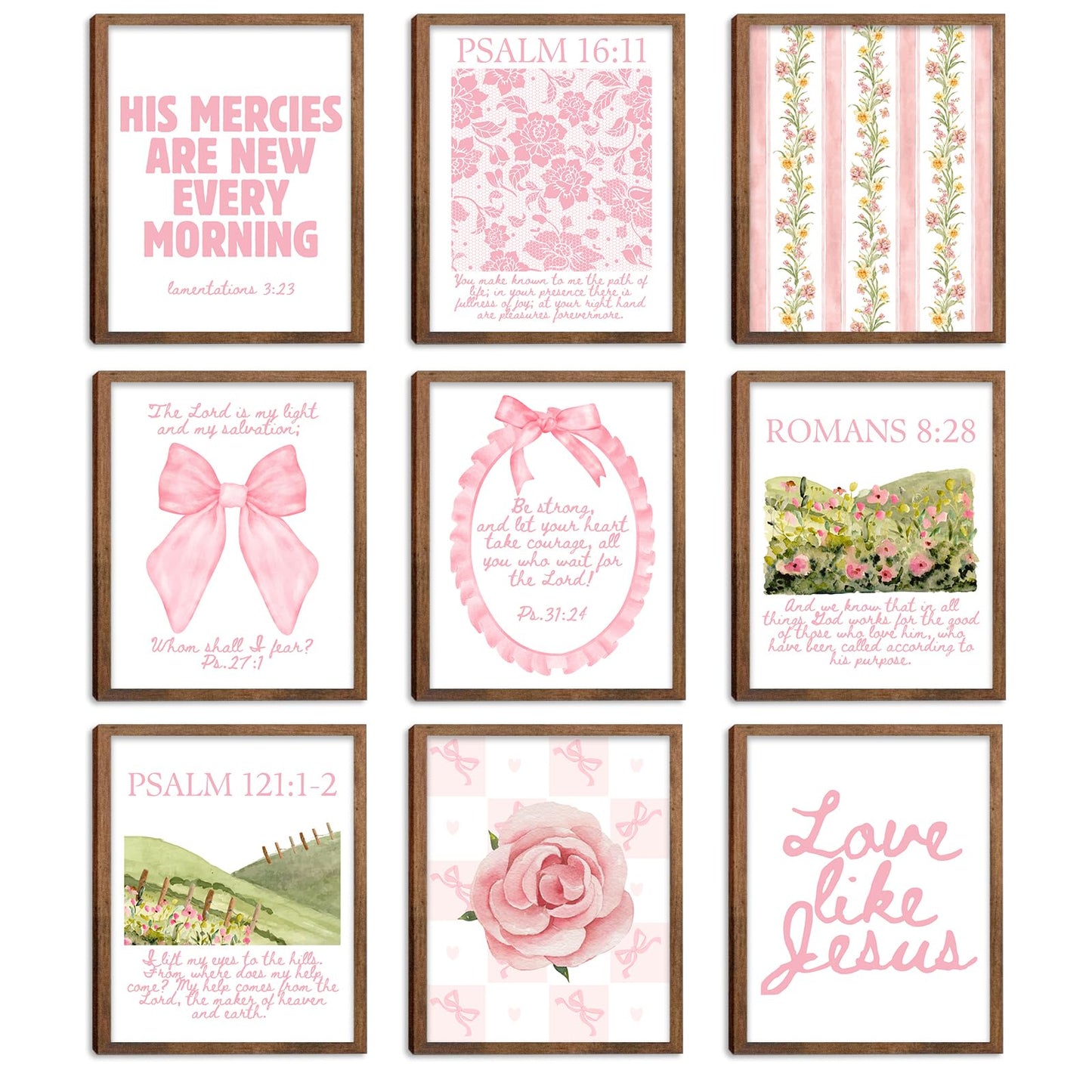 Christian Wall Art Pink Bible Verse Canvas Posters Coquette Bow Room Wall Decor Jesus Scripture Pictures Trendy Preppy Christian Floral Aesthetic Prints for Girls Bedroom 8x10xInch Set of 9 Unframed