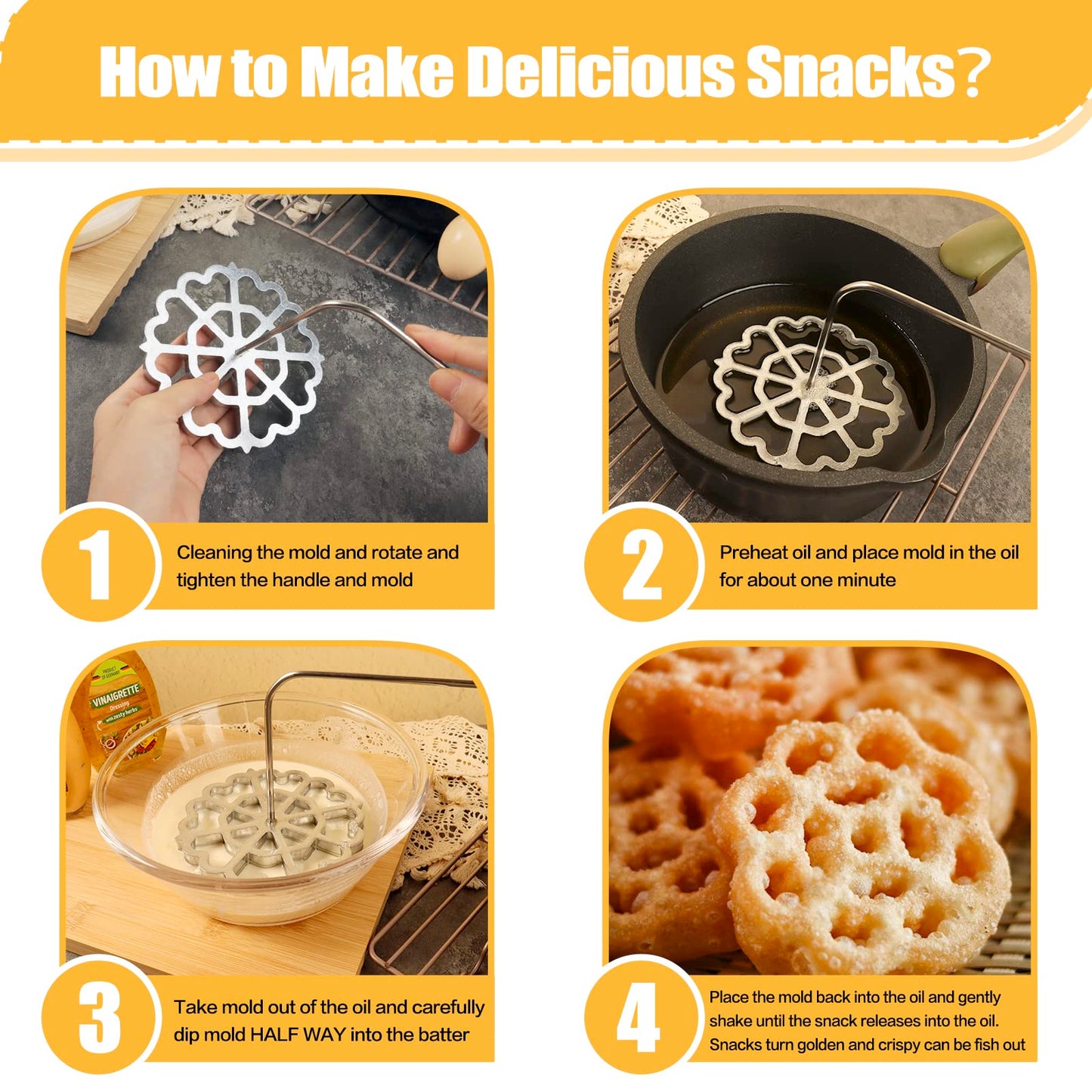 Bunuelos Mold Rosette Iron Molds Set with Wooden Handle, Lotus Flower Bunuelos Cookie Maker Mold, Funnel Cake Maker Cooking Stamp Maker Kit - 4.7 Inches