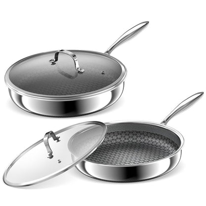 KURRUNGIE Hybrid Non Stick Frying Pans 2 Piece set, Stainless Steel Frying Pans with Tempered Glass Lid, 10" 12" 5 Ply Induction Cookware, Oven-Safe Up to 800°F, Compatible with All Cooktops