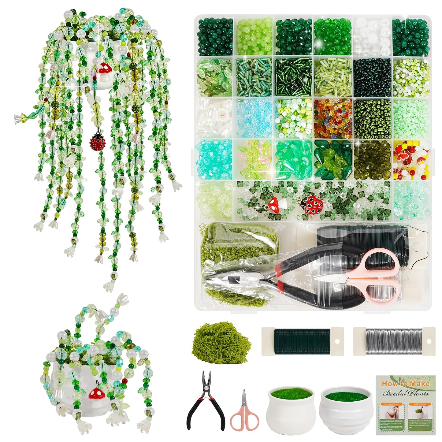 5422 PCS Beaded Plant Kit - Forever Plant Making Set with Green Glass Beads, Floral Wire, Leaf Charms, 2 Mini Pots & Storage Box - DIY Craft Kit for Adults, Gift for Plant Lovers