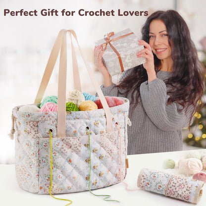 MYBAGZING Portable Crochet Bag Organizer with Crochet Hook Organizer Roll, Quilted Yarn Storage Tote with Grommets, Knitting Project Bag for Yarn & Accessories, Floral Craft Tote Gift for Crocheters