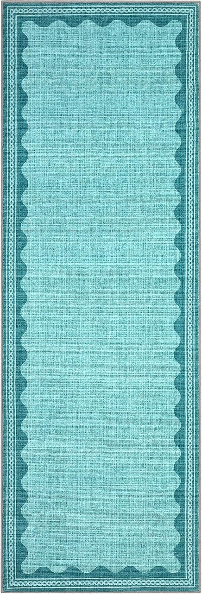 2.5x8 GarveeHome Scalloped Teal Runner Rug for Hallway Washable Kitchen Rugs Non Slip Solid Modern Soft Low-Pile Indoor