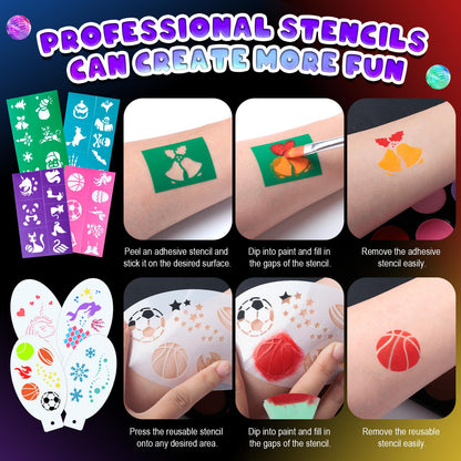 Fenmay Face Painting Kit for Kids, Non-Toxic and Hypoallergenic Face Paint Makeup Kit| with Stencils, Book, Easy to Use and Safe for Kids, Fun for Halloween, Birthday Party, School Event