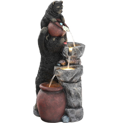 Ultym 37.5" H Resin Playful Twin Bear Fountain Outdoor, Whimsical Multi-Tiered Stone Vessel Water Feature Outdoor with Lights, Soothing Cascading Waterfall for Patio, Backyard, Garden or Porch