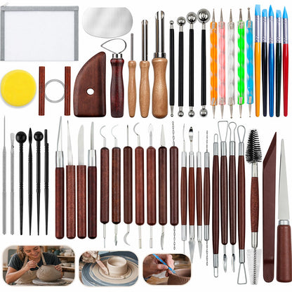 OMTRS 50PCS Clay Sculpting Tools Kit with Storage Bag, Pottery Sculpting Tools for Adult Beginners, Clay Modeling Tool Carving Kit for Pottery, Dotting, Molding, Shaping, Detailing (Redwood)