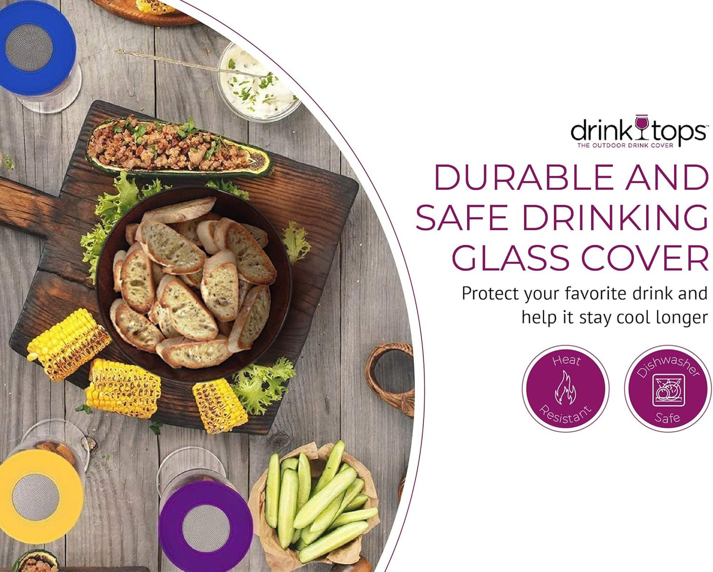 Drink Tops Ventilated Silicone Wine Glass Covers - Weighted Outdoor Glass Protectors, BPA Free - 4 Pack