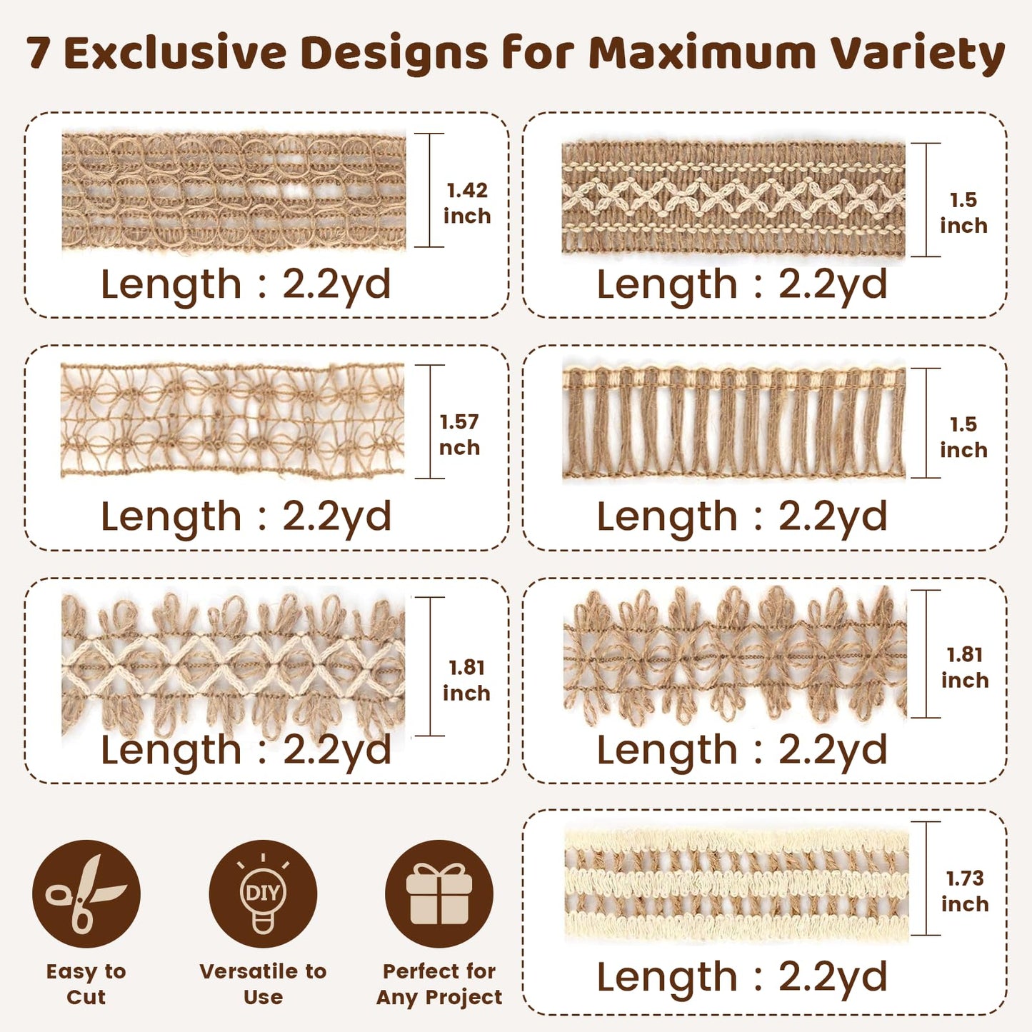 VGOODALL 7 Rolls Burlap Ribbon, Natural Jute Ribbons Lace Mesh Wedding Trim Decor, for DIY Wrapping Gifts Holiday Party Decorations