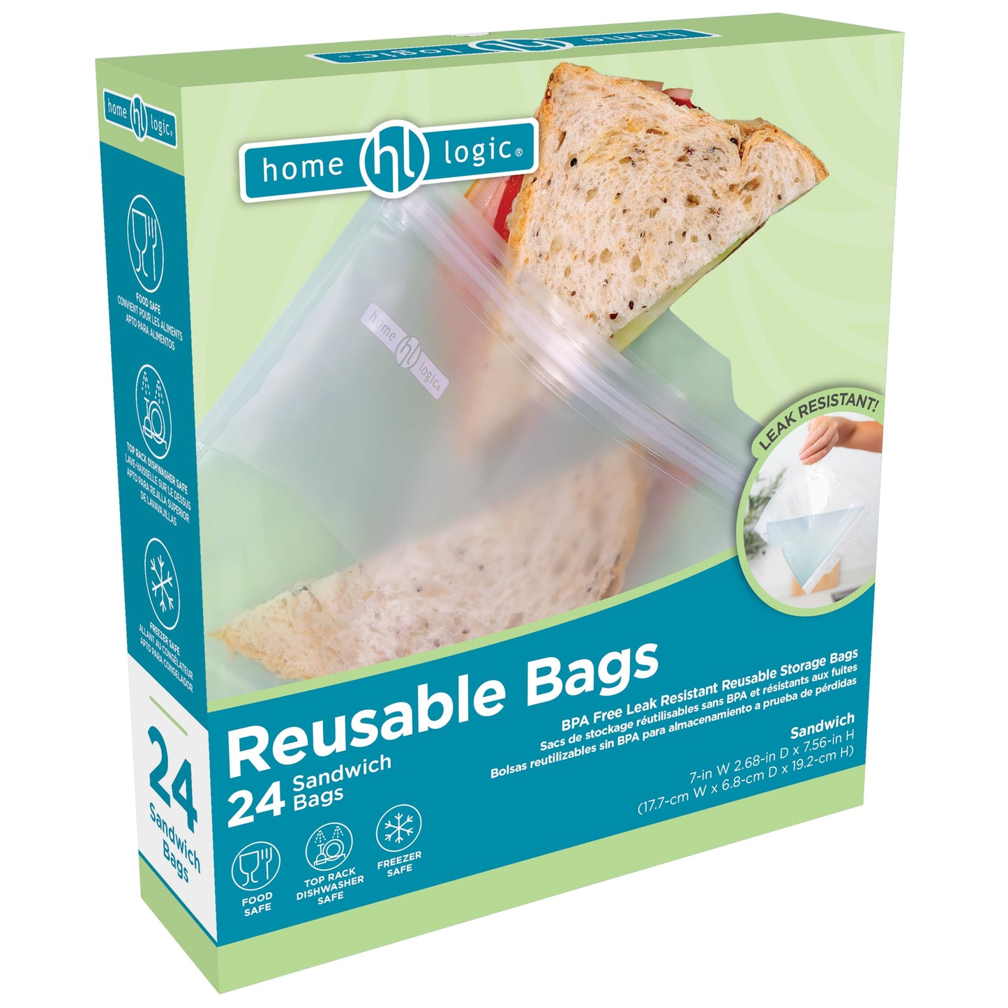 Home Logic Reusable Bag Combo Pack – 24 Leak Proof Food Storage Bags for Snacks & More – 8 Gallon Bags, 8 Sandwich Bags & 8 Snack Bags