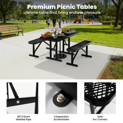 Sunnibety 4FT Metal Picnic Tables for Outdoors, Commercial Rectangular Picnic Table for Outside, Park, Campfield, Patio, Garden, Yard, Thermoplastic Coating, Surface Mounted, Black