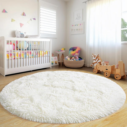 4Ft Xexsin Round Fluffy Rugs for Girls Bedroom, Cream White Shag Circle Kids Rug Non-Slip for Bedside Dorm Nursery