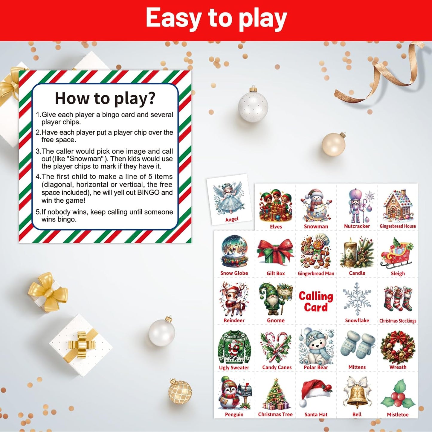 24 ceiba tree Christmas Bingo Game Cards for Adults Kids Family Large Group Players Winter Holiday Bingo Party Favors