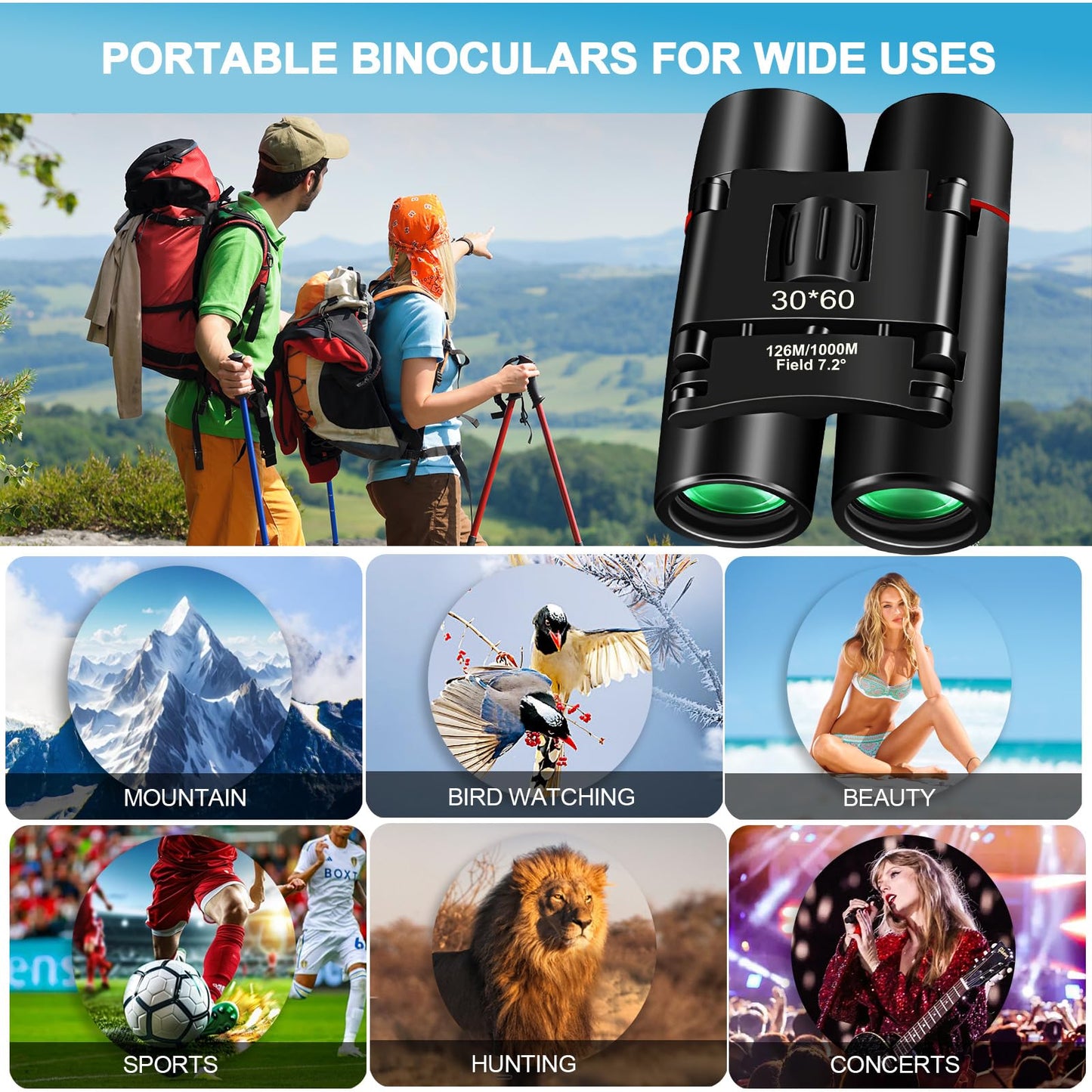 PISEZ 30X60 Compact Binoculars for Adults and Kids，Lightweight Foldable Easy Focus Small Binoculars for Bird Watching Hunting Concert Traveling Theater Opera Sightseeing