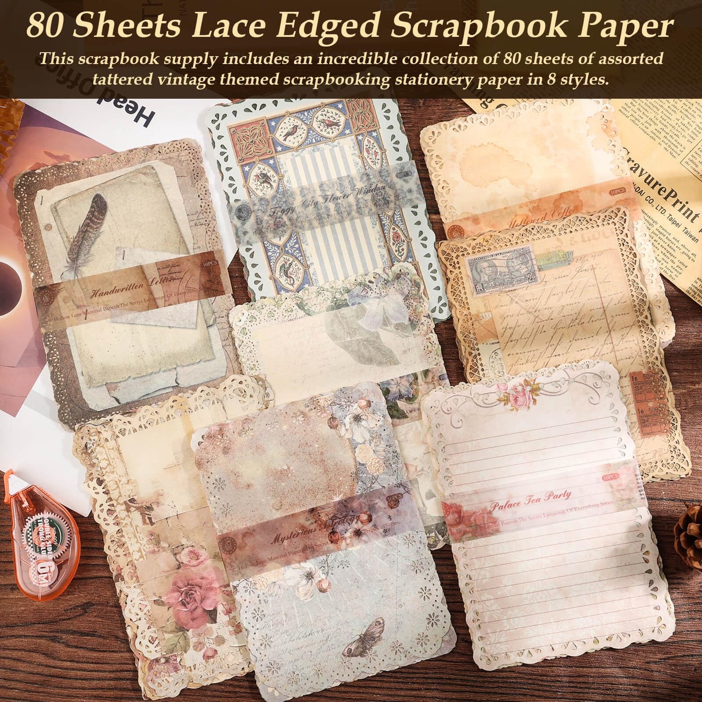 Flasoo Vintage Scrapbook Supplies, 80 Sheets Lace Edged Scrapbook Stationery Paper with Double Sided Tape Roller for Junk Journal Making, Decoupage and Card Crafts, 4.9x6.9 Inches