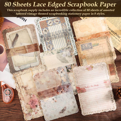 Flasoo Vintage Scrapbook Supplies, 80 Sheets Lace Edged Scrapbook Stationery Paper with Double Sided Tape Roller for Junk Journal Making, Decoupage and Card Crafts, 4.9x6.9 Inches