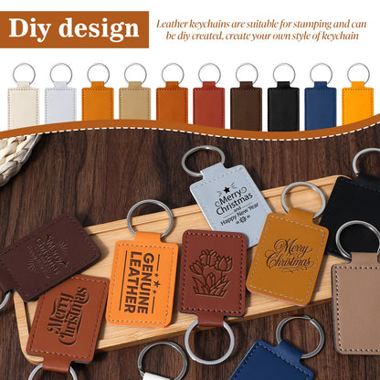 50 Pcs Blank Leather Keychains Bulk, Leather Blanks for Laser Engraving, Rectangular DIY Key Fob Kit with Metal Rings for Stamping Crafts, Personalized Gifts for Men Women