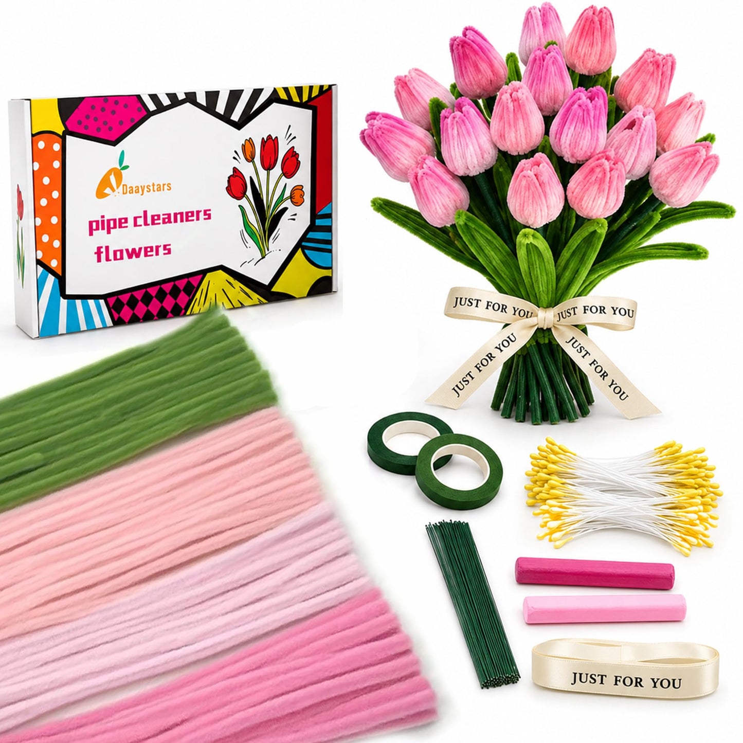 Quaystars 400Pcs Pipe Cleaners Crafts Bulk,Pipe Cleaner Flower Kit,Arts and Crafts for Adults (Green,Pink)