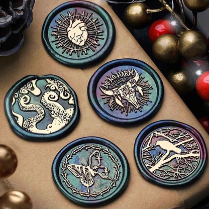 Halloween Wax Seal Stamp Kit - Ychostamp Crow, Butterfly, Ticker, Skull Sealing Wax Stamps, 7Pcs Vintage Brass Seals for Spooky Envelope, Party Invitation