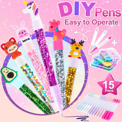 Subao 55+ DIY Glitter Gel Pens Making Kit,Pen Creator Studio,Make Your Own 15 Sparkly Cute Pens,Creative Arts and Crafts for Kids Ages 5 6 7 8,Birthday Christmas Gifts for Girls 9 10 11 12 Years Old