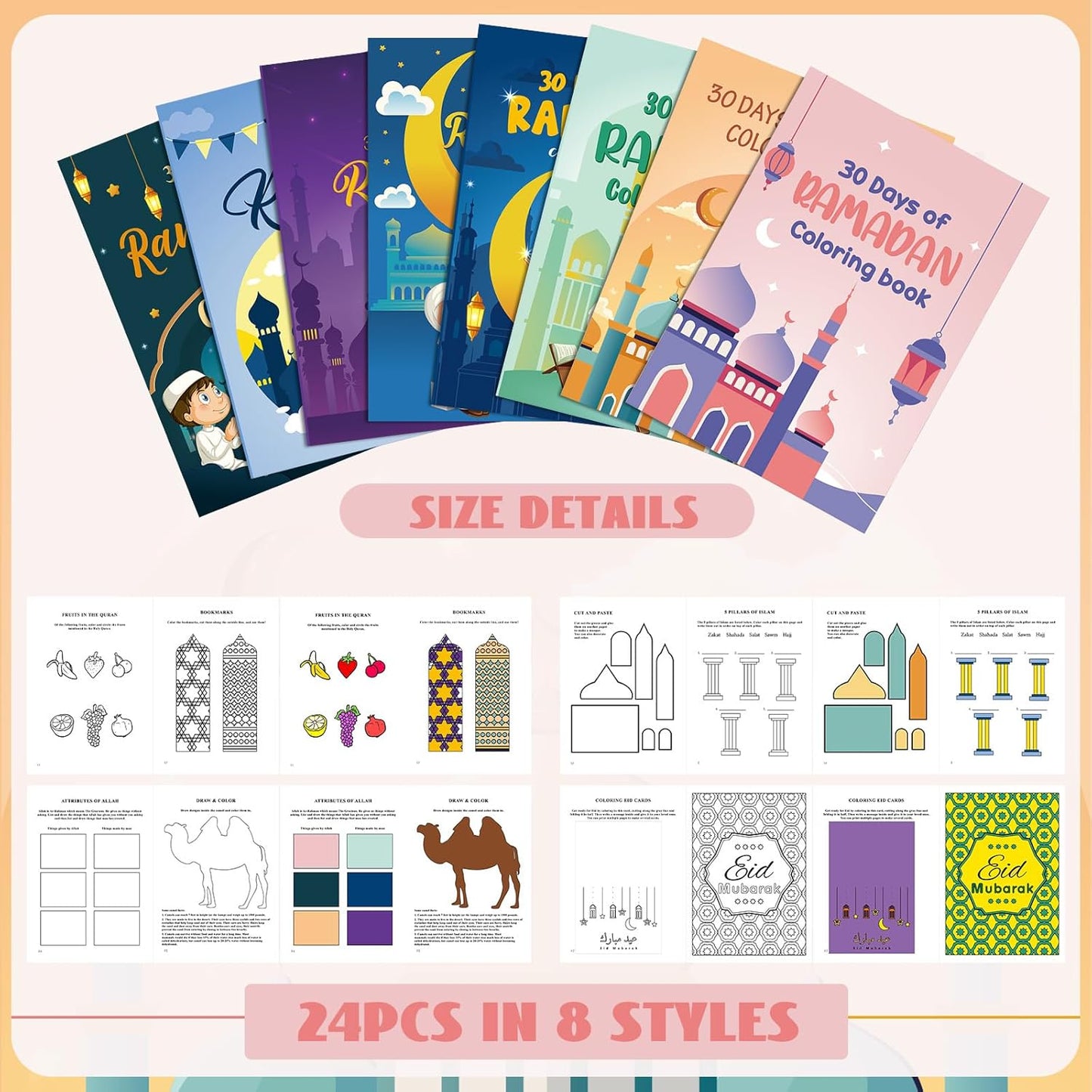 Zhanmai 48 30 Pcs Eid Mubarak Goodie Bags Favor Days of Ramadan Watercolor Coloring Book Bulk with Stacking Crayons