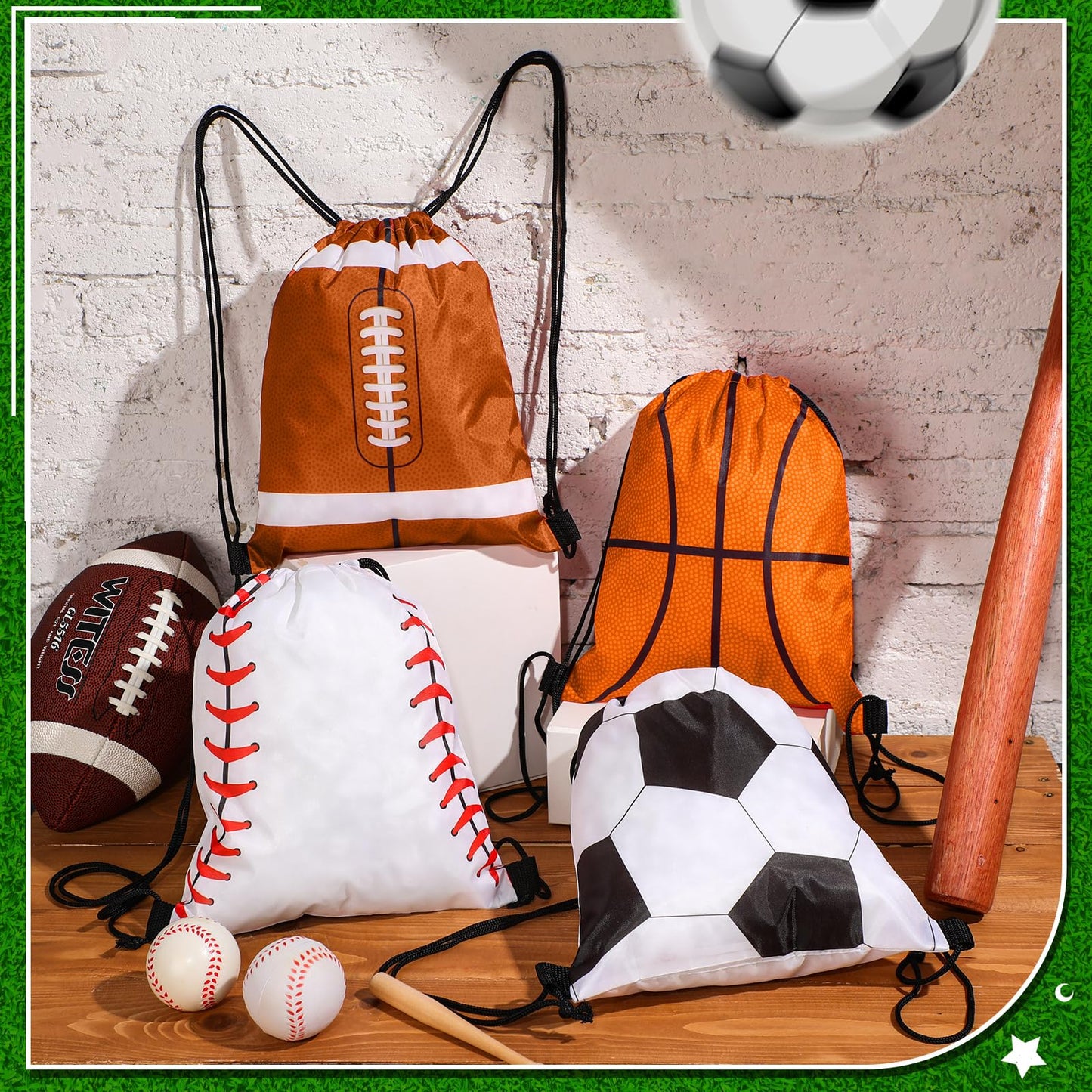 Censen 24 Pcs Drawstring Bags Set Bulk 12 x 10 Inch Waterproof Beach Pack for Soccer Baseball Basketball Football Gift Party (Sport Style)