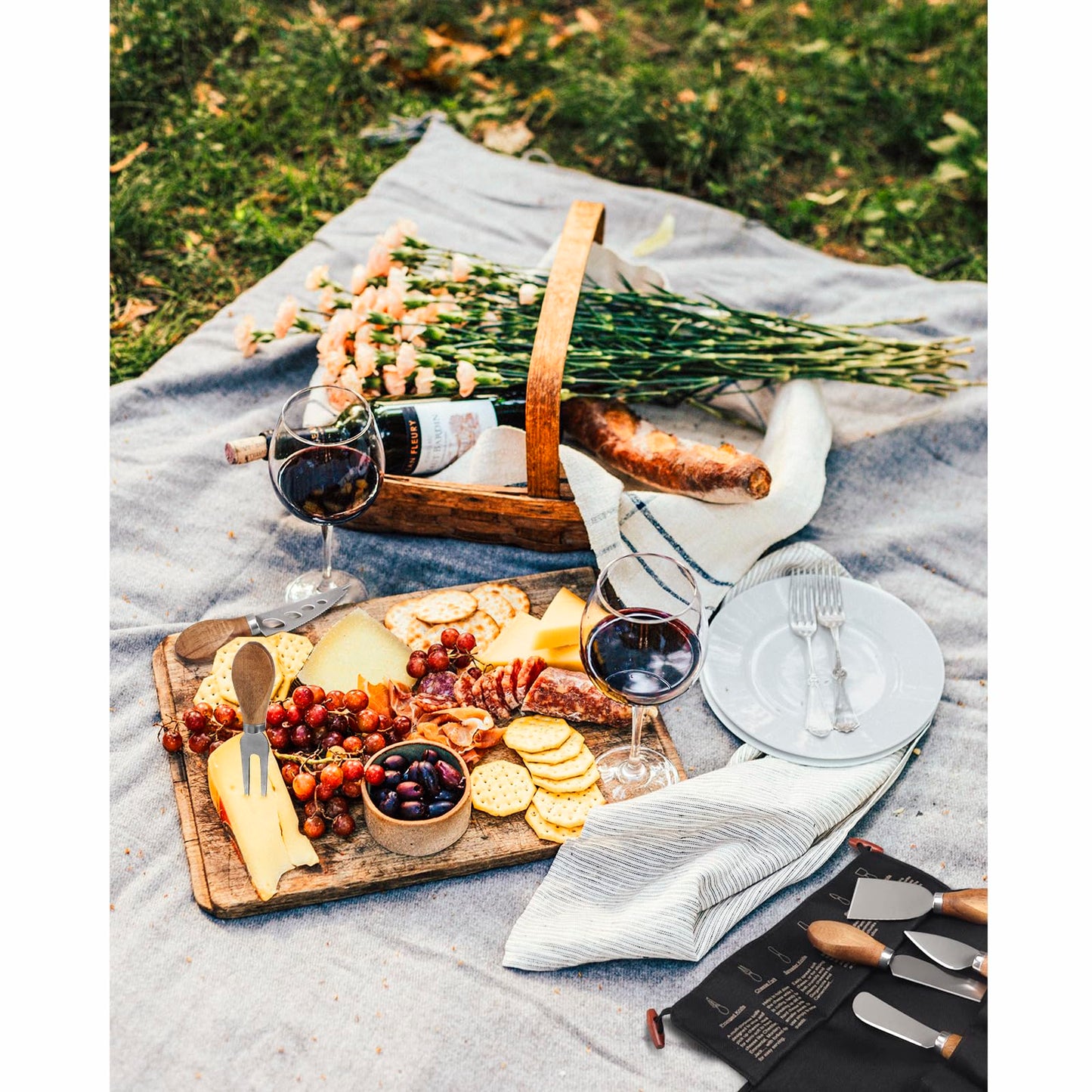Esie Houzie Charcuterie Board Accessories - 6 Piece Cheese Knife Set Stainless Steel With Acacia Wooden Handle for Cheese Serving Cutting, Cheese Tools Butter Knife With Storage Bag Included Gift Set