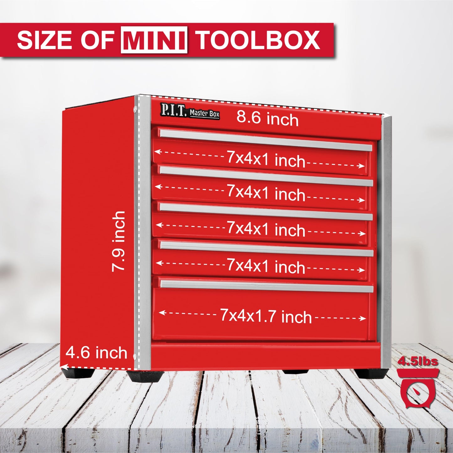 P.I.T. Mini Tool Box 8.6"W X 4.6"D, Portable 5-Drawer Micro Steel Stackable Toolbox with Liner, Red Cute Tool Case for Small Tools Parts Storage, Home DIY