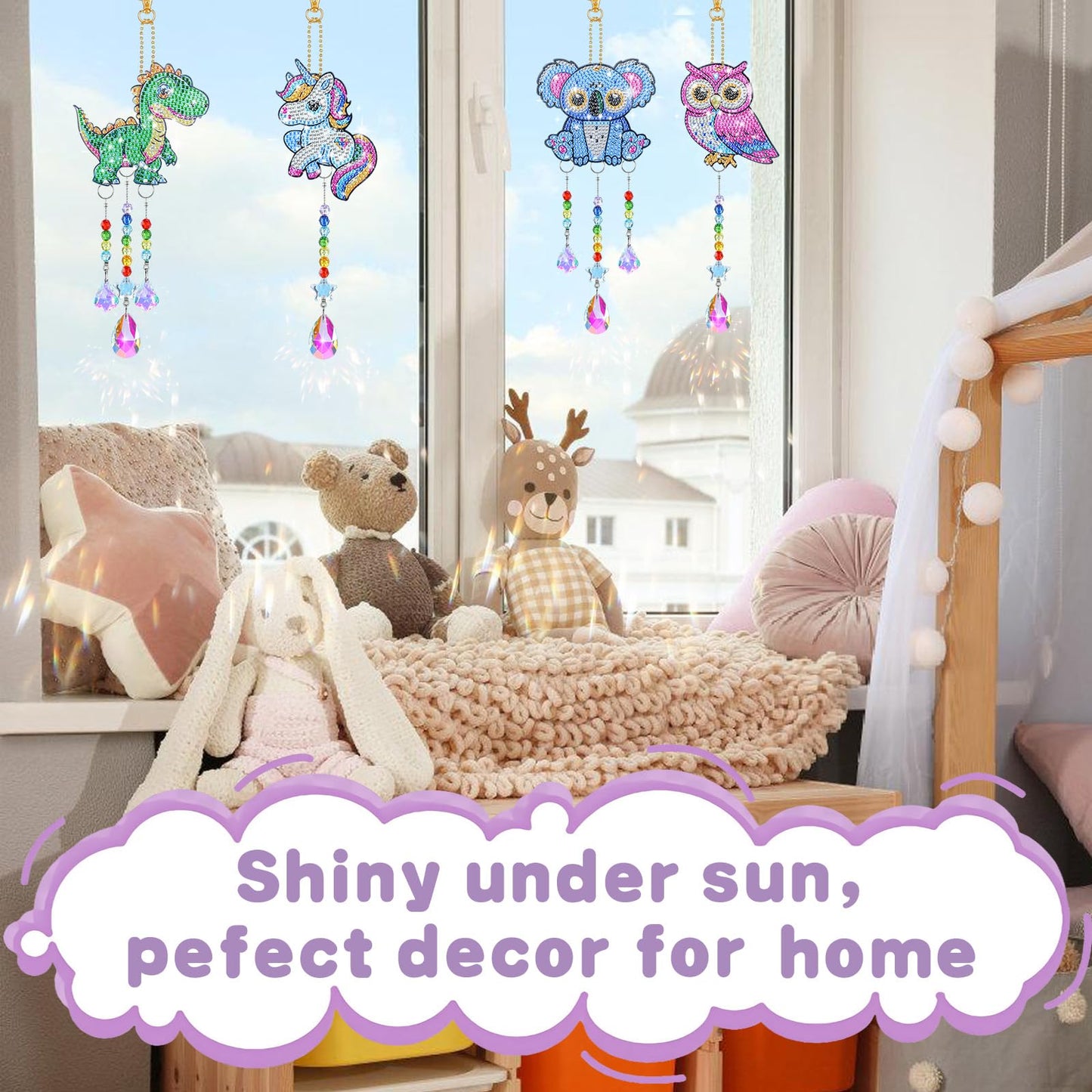 Diamond Art Kits for Kids - Crafts Gifts for Girls 8-12, 4 Pcs Double Sided Animal Style Wind Chime, Hanging Crystal Rhinestone Painting Ornament