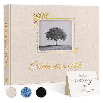 Lanpn Funeral Guest Book for Memorial Service, Linen Celebration of Life Registry Guest Book with Open Window, Memory Book for Funeral with Table Sign, Funeral Favors Sign in Books for Guests, Beige